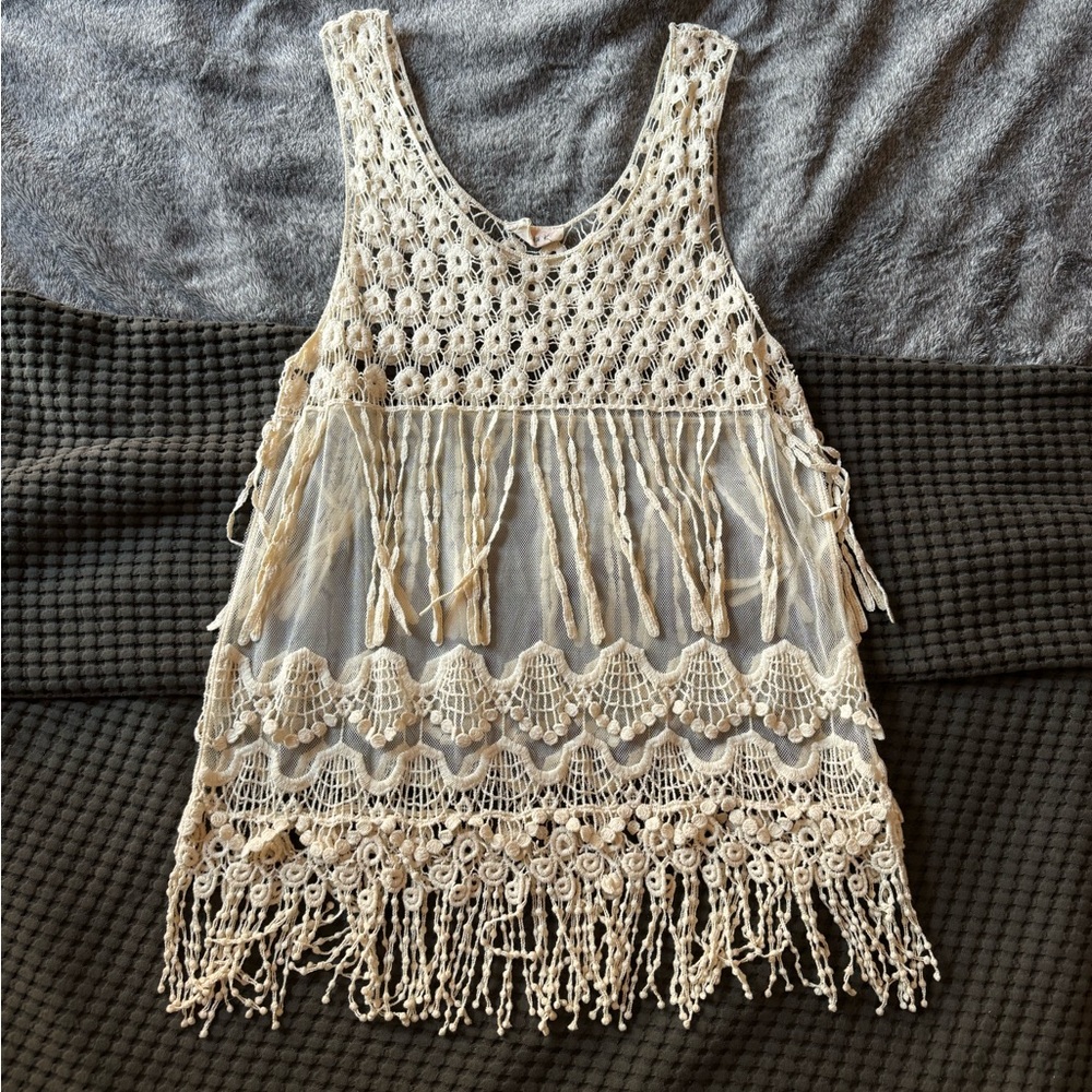 Sheer crocheted cream tank, size large.